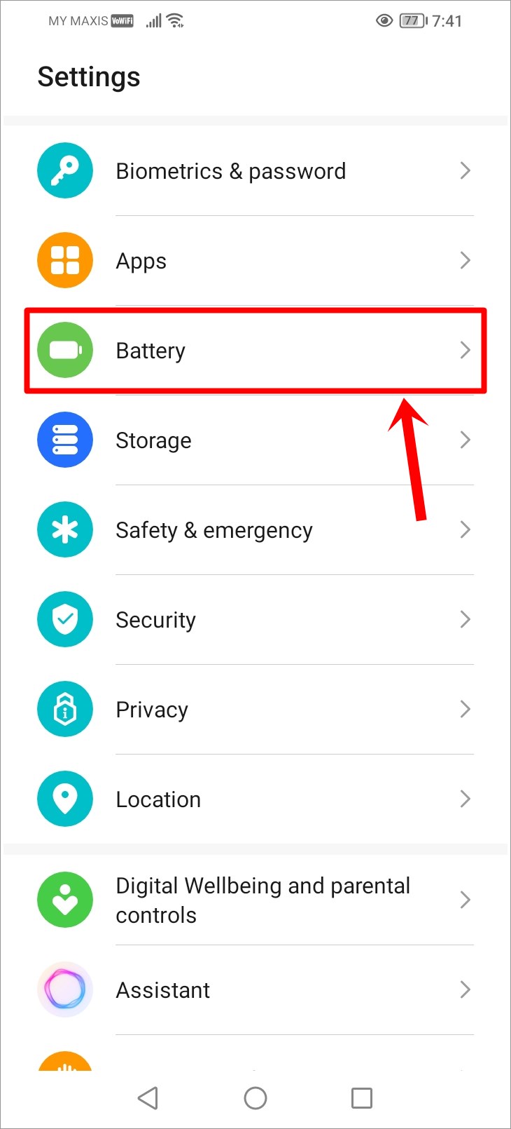 This is a screenshot of an Android phone's 'Settings' page, with the 'Battery' option highlighted.