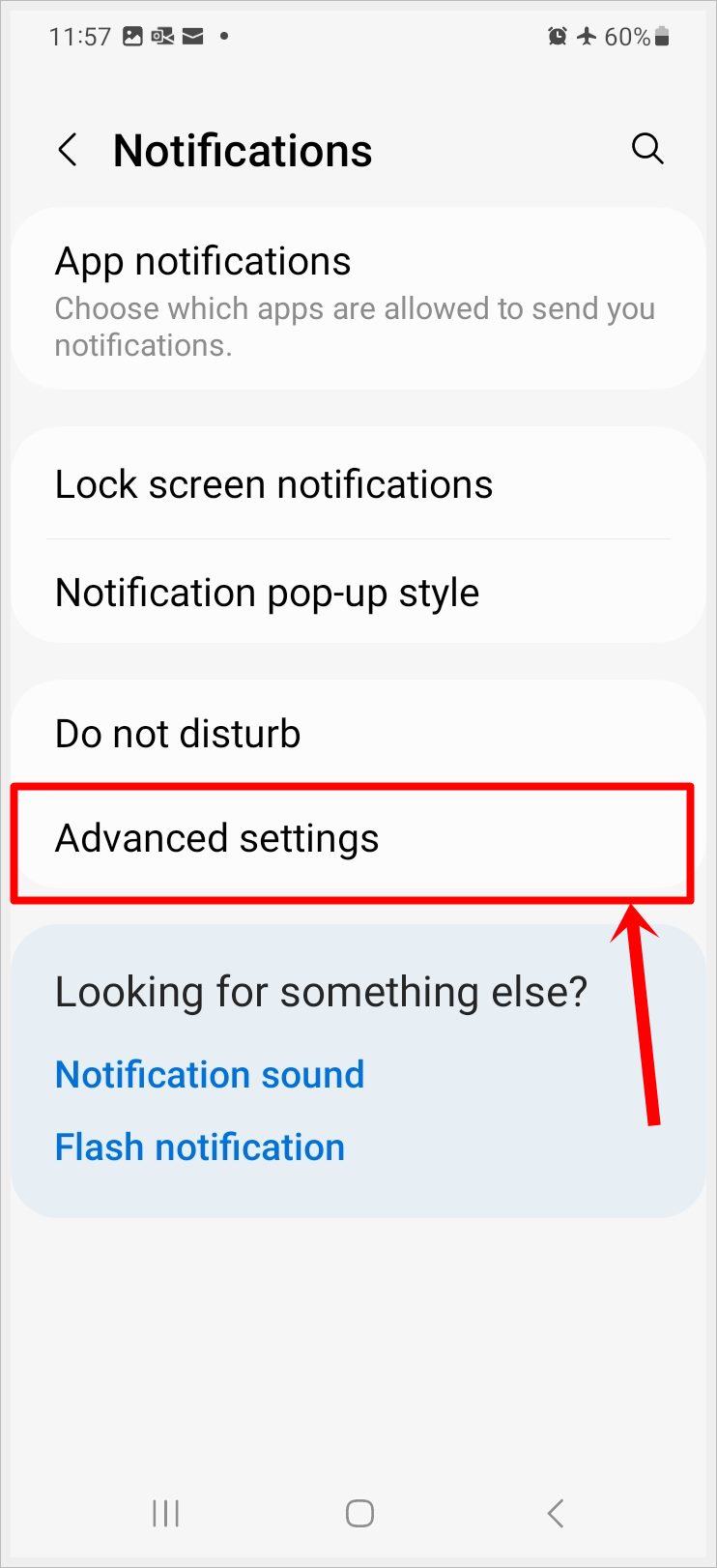 This image shows a screenshot of the 'Notifications' screen of an Android phone with the 'Advanced settings' option highlighted.