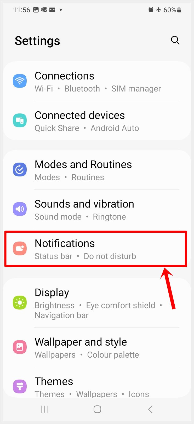 This image is a screenshot of the Settings menu of an Android phone. The 'Notifications' option is highlighted.