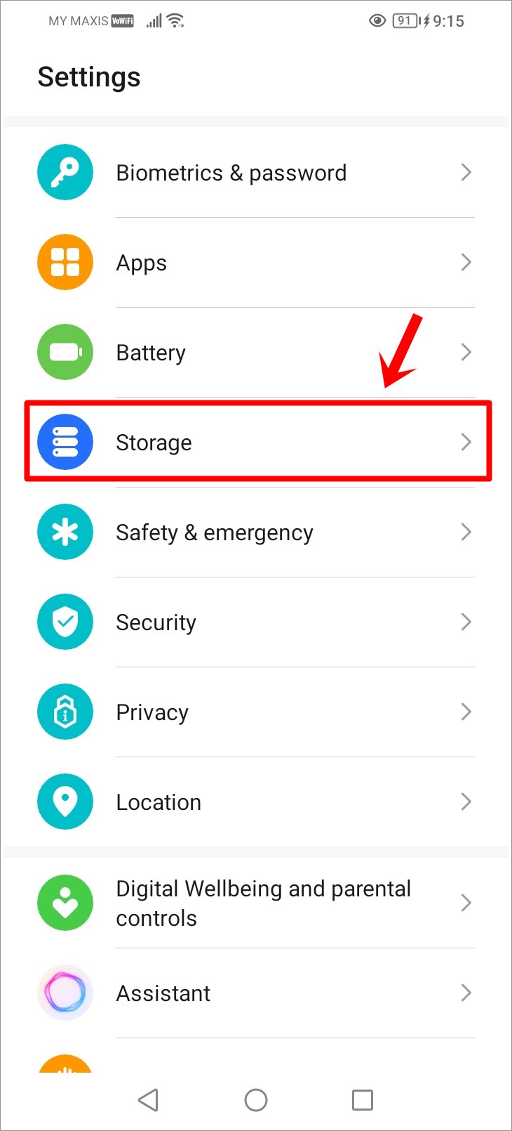 This screenshot shows an Android phone's 'Settings' page, with the 'Storage' option highlighted.