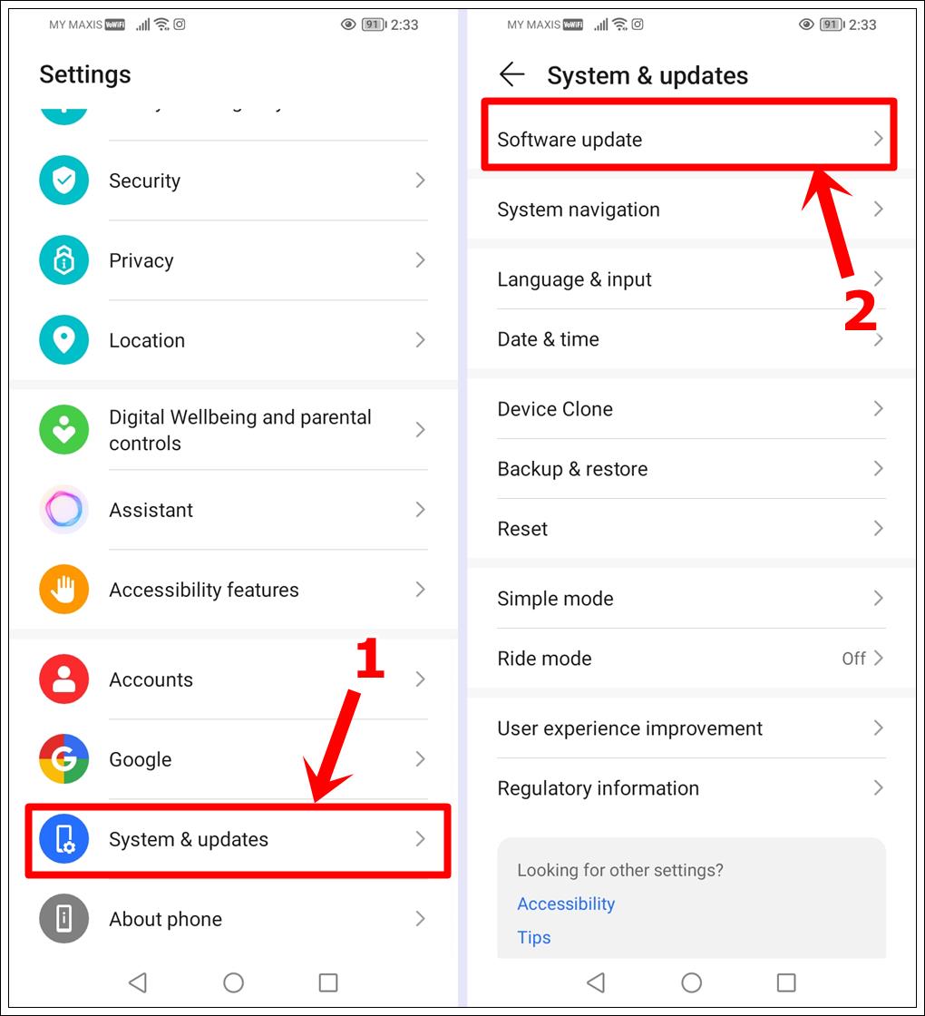 This image shows a screenshot of an Android phone. It illustrates the step-by-step guide on how to get to the 'Software Update' option in the 'System & Update' screen.