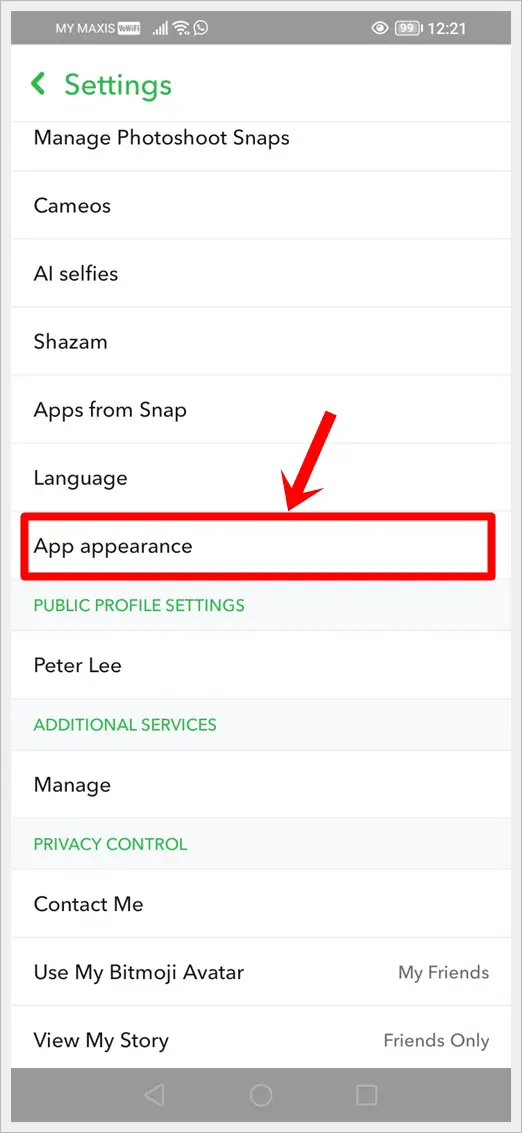 This image shows a screenshot of the Snapchat app settings page on an Android phone. The 'App Appearance' option is highlighted.