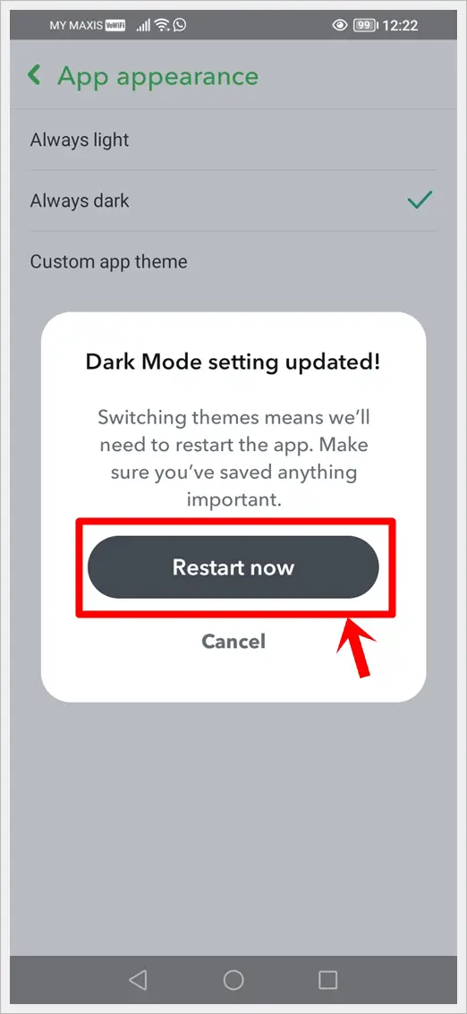 This image displays a screenshot of the Snapchat App Appearance screen on an Android phone. A 'Dark Mode Setting Update' notification has popped up, and its 'Restart now' button is highlighted.
