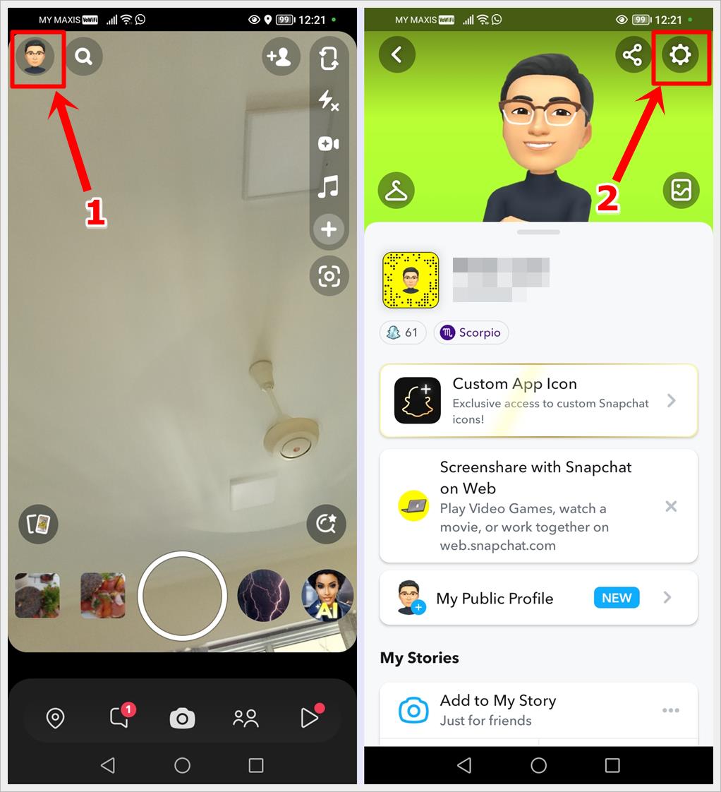 This image shows 2 different screenshots of Snapchat on an Android phone. The first shows the Snapchat camera screen with the profile icon in the top-left highlighted. The second shows the user profile page with the gear icon in the top-right highlighted.