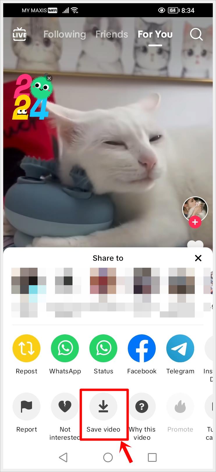 How to Download or Save TikTok Videos Easily: This image showcases the various sharing options available for sharing the video, with the 'Save video' icon highlighted.