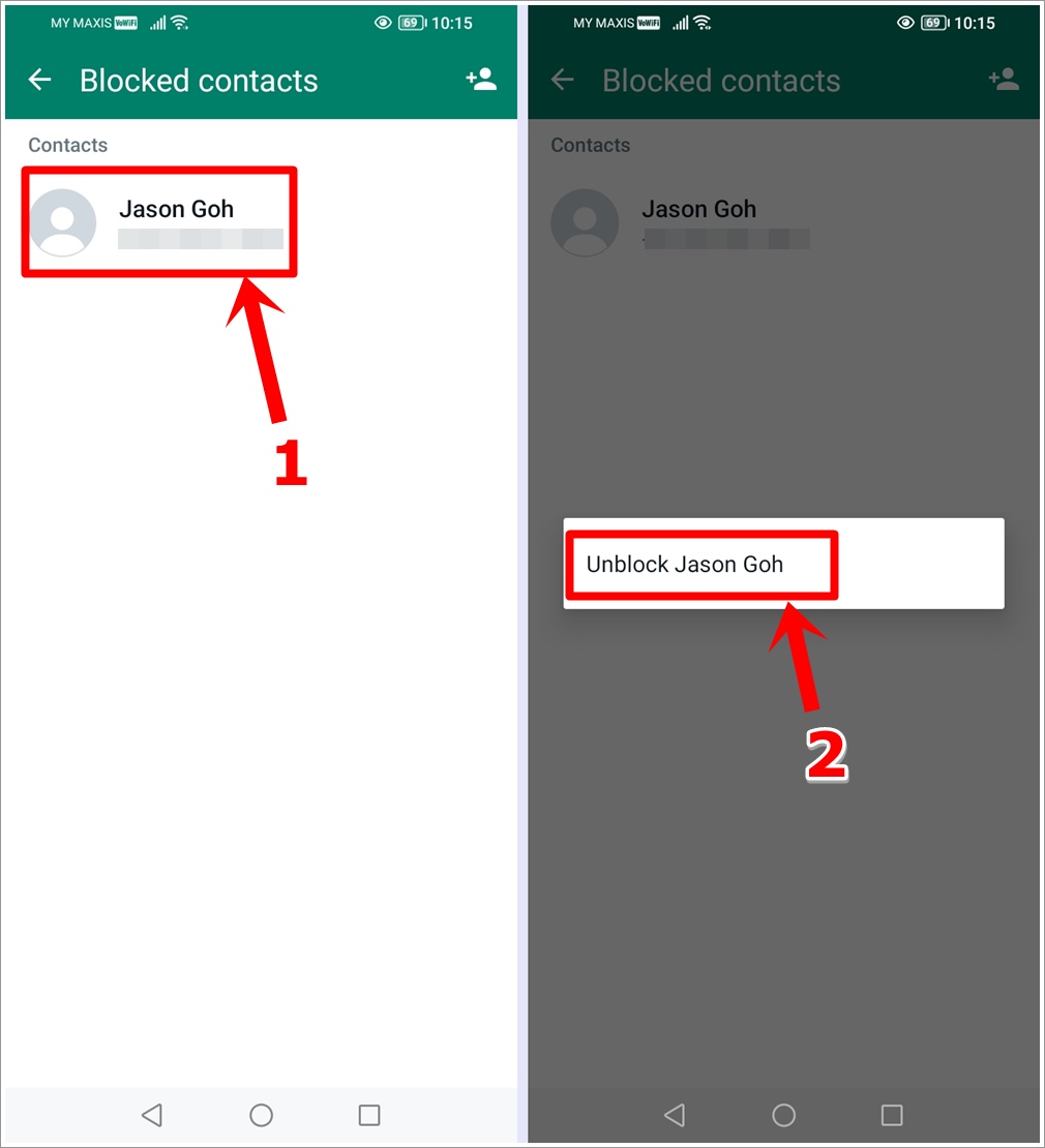 Fix WhatsApp Not Receiving Messages: This is a screenshot featuring the steps to unblock a blocked WhatsApp contact. The name of the blocked contact and the 'Unblock' confirmation are highlighted.