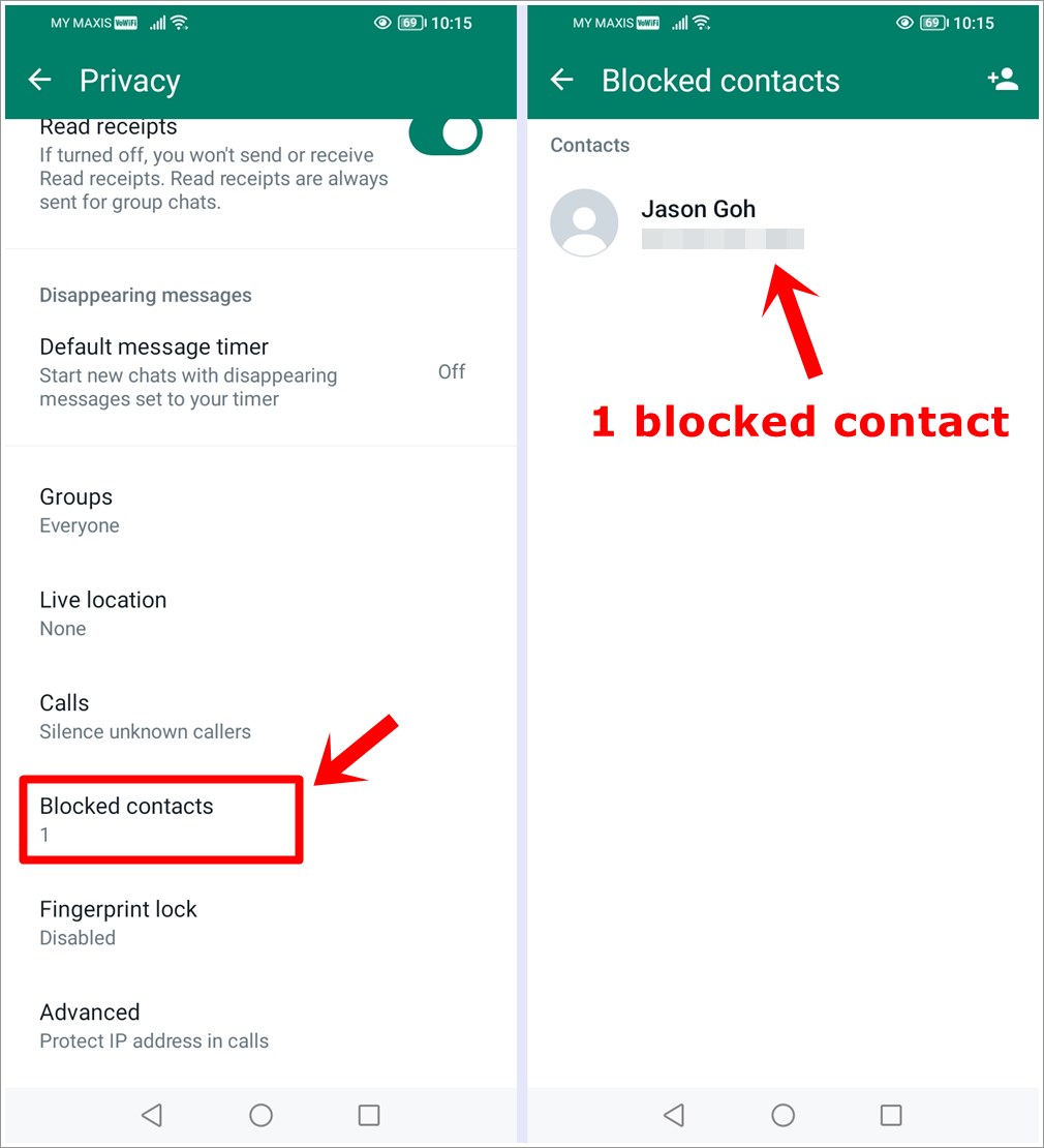 This image shows 2 combined screenshots of different WhatsApp pages on an Android phone. The first features the 'Privacy' page with the 'Blocked Contacts' option highlighted. The second features the 'Blocked Contacts' page with a blocked contact highlighted.