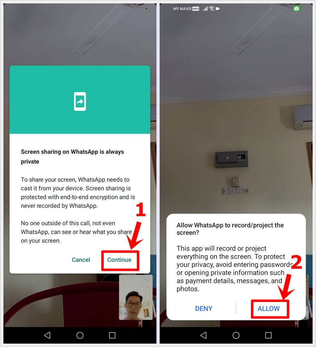 This image shows the step-by-step process of granting WhatsApp's Screen Sharing feature the necessary permissions on an Android phone.