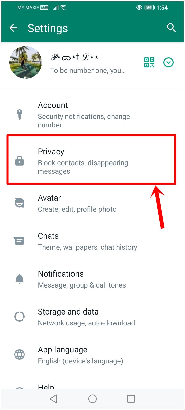 This is a screenshot of the WhatsApp 'Settings' page on an Android phone, with the 'Privacy' option highlighted.