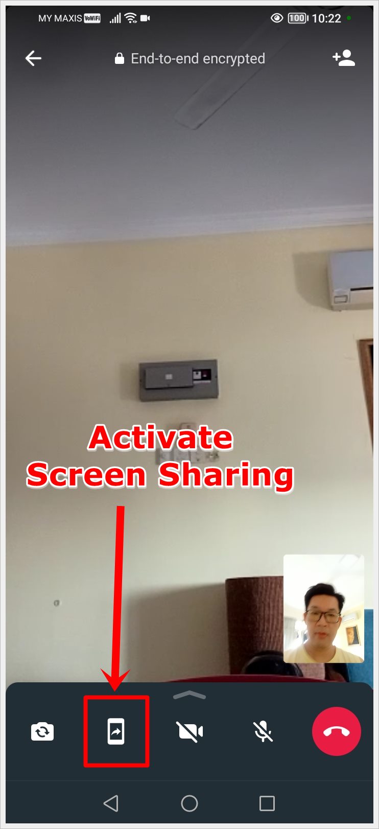 Screenshot from an Android device displaying a WhatsApp video call window, with the 'Screen Sharing' icon highlighted to indicate the option to enable screen sharing with the contact.
