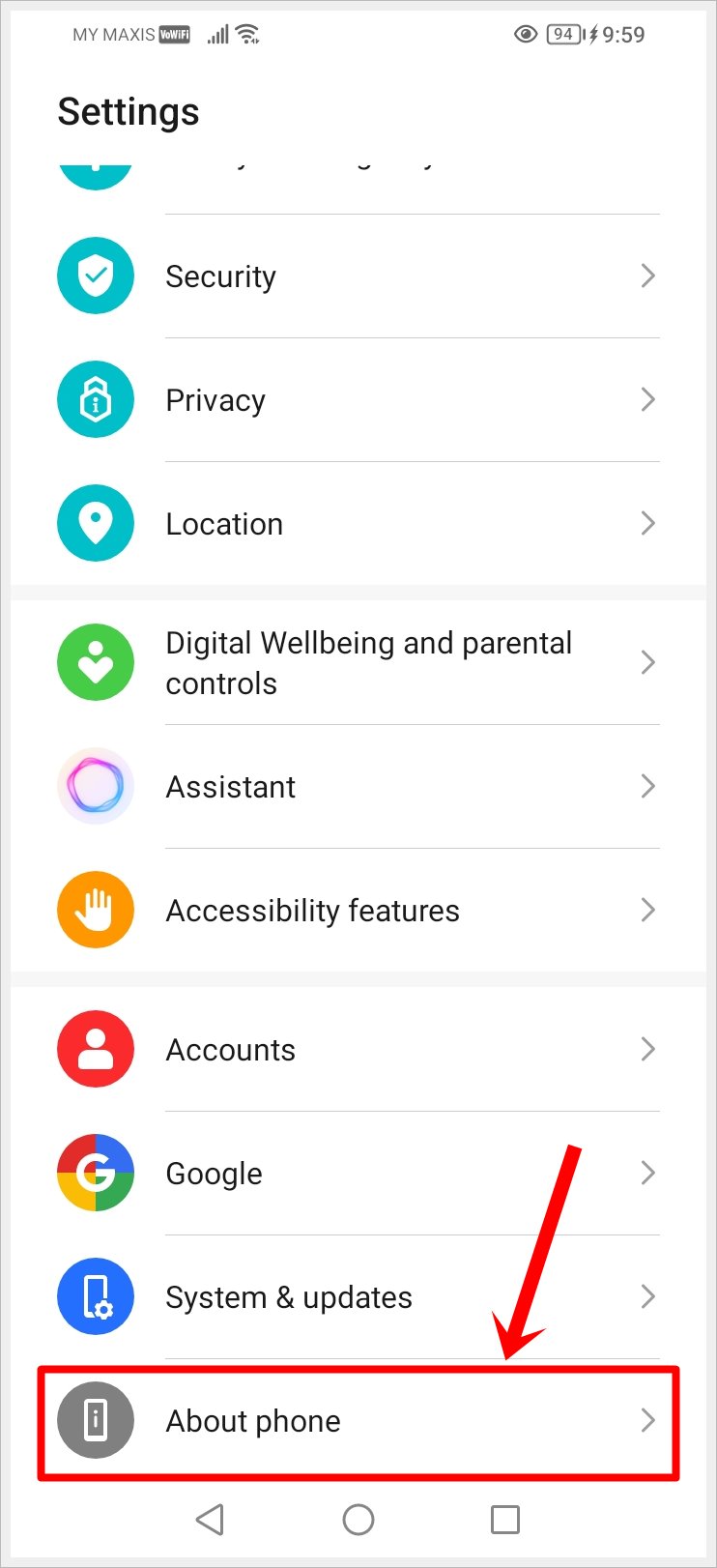 This image shows a screenshot of the 'Settings' page of an Android phone. The 'About Phone' option is highlighted.