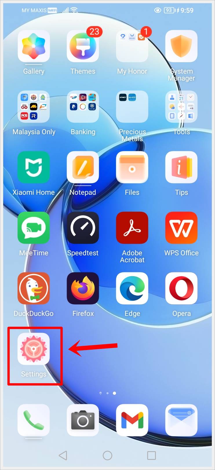 This image shows a screenshot of an Android phone with its 'Settings' icon highlighted.
