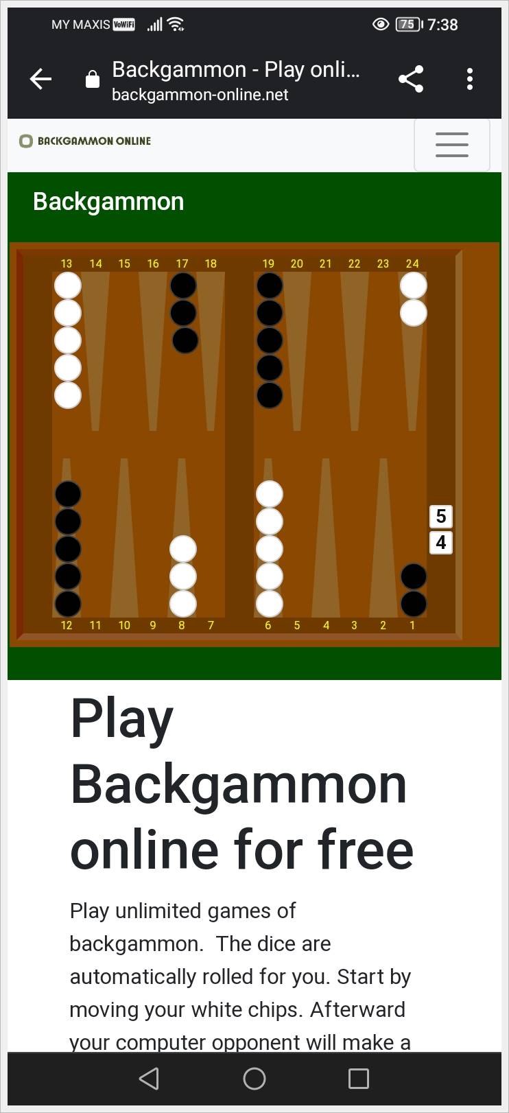 Google and Microsoft games alternatives: This is a mobile screenshot of the game Backgammon.