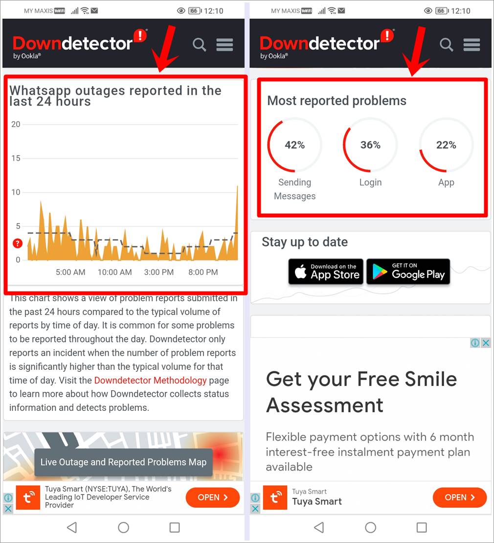 Fix WhatsApp Not Receiving Messages: This is a mobile screenshot of the Downdetector website. It further shows 2 more results which are 'WhatsApp Outages Reported in The Last 24 Hours' and 'Most Reported Problems'.