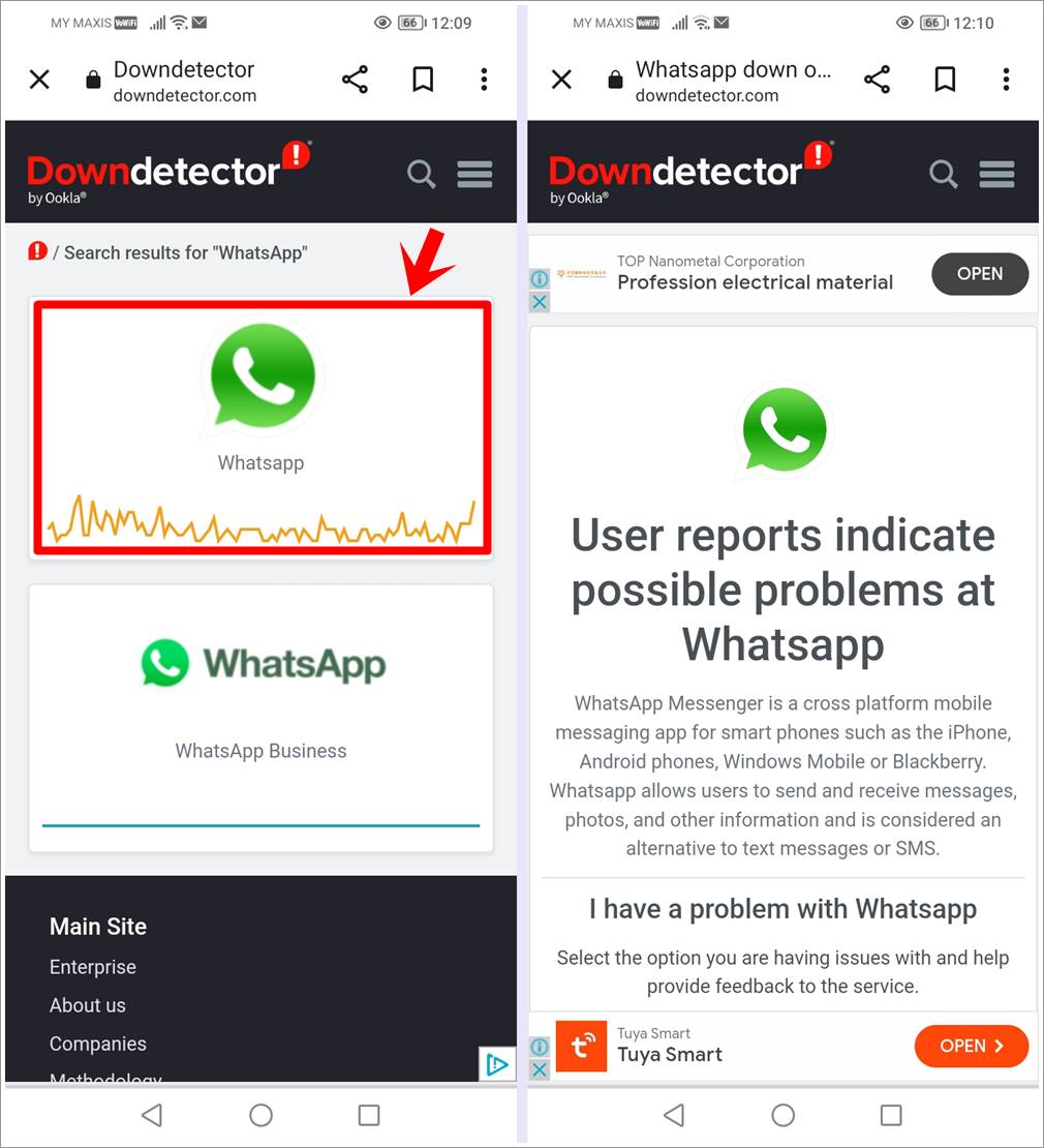 This is a mobile screenshot of the Downdetector website. It indicates that there are user reports of possible problems at WhatsApp.