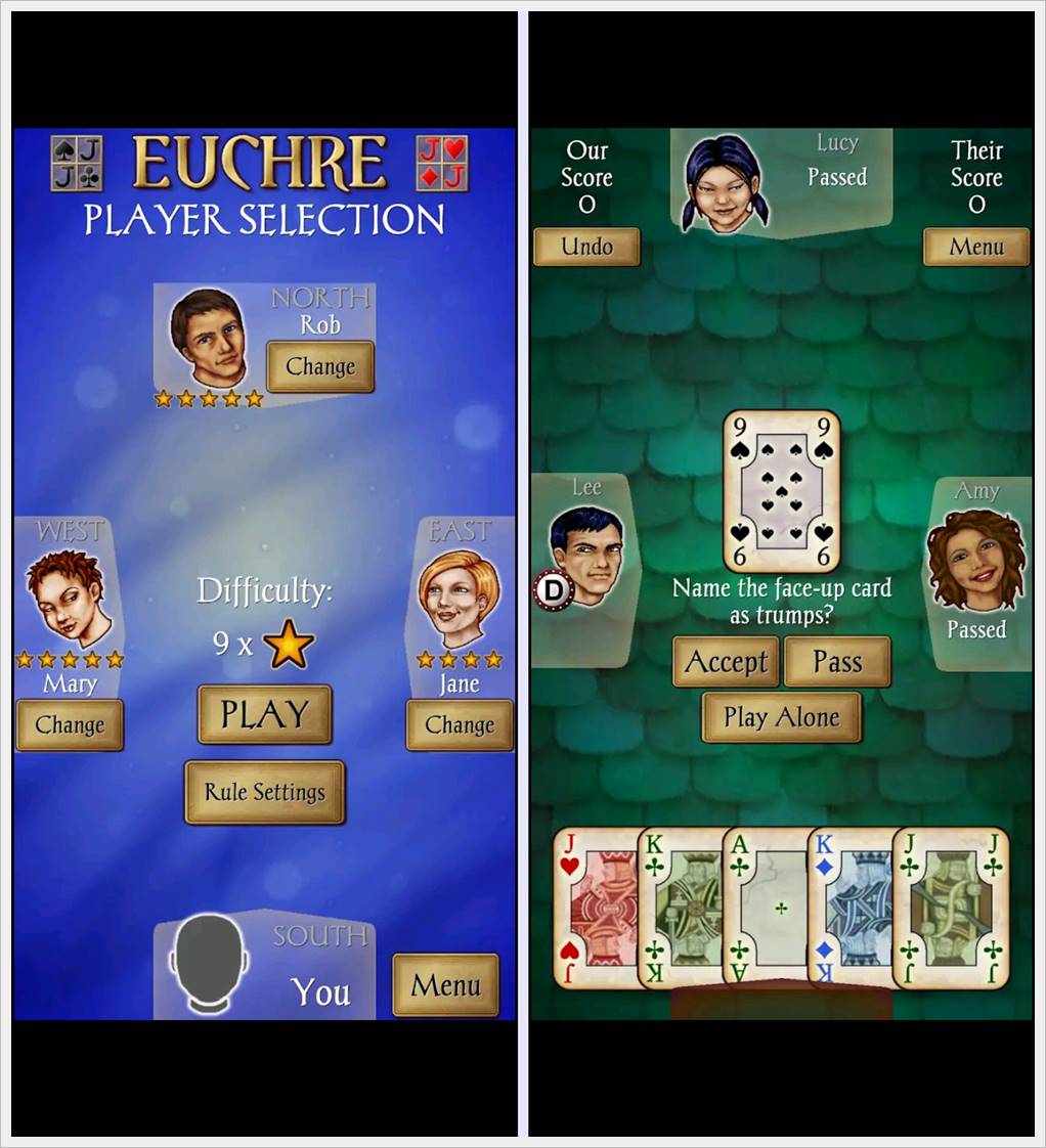 This is a mobile screenshot of the game Euchre.