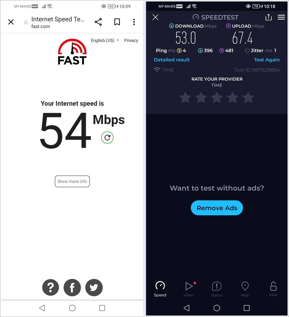 Fix WhatsApp Not Receiving Messages: This image combines two different screenshots side-by-side. The first displays the internet speed results from Fast.com, while the second shows the internet speed results from Speedtest.net.