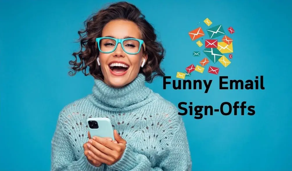 This image depicts a woman smiling while reading 'Funny Email Sign-Offs' on her smartphone.