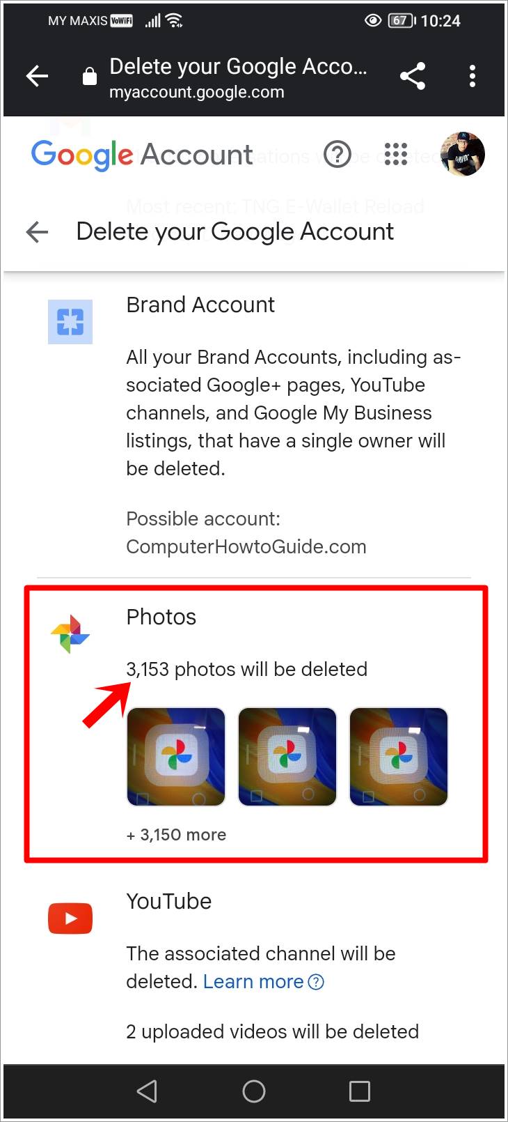 This mobile screenshot displays the 'Delete Your Google Account' page on Google Account, with the 'Google Photos' section highlighted, showing the exact number of photos that will be deleted.