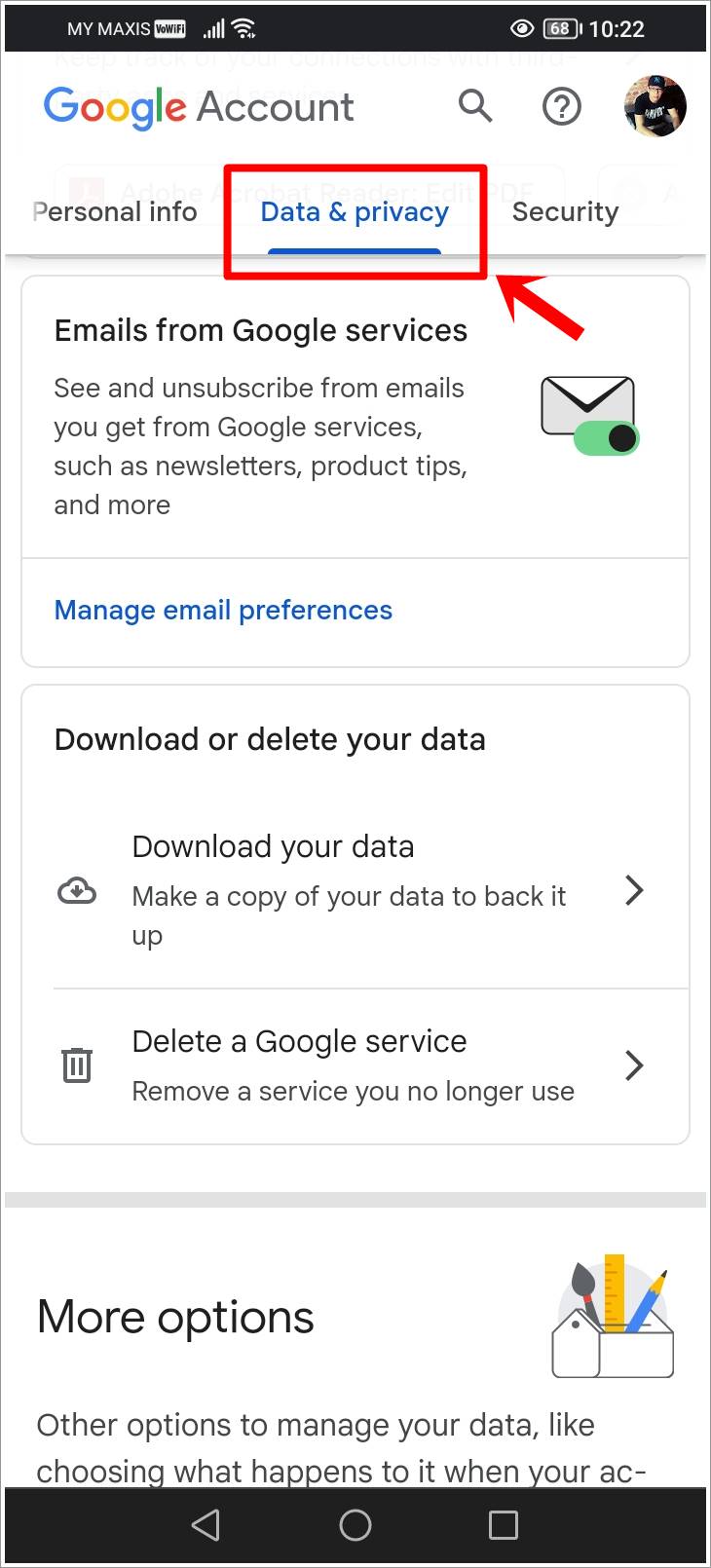 This screenshot captures the home page of the Google Account on a mobile device, with the 'Data & Privacy' option in the menu highlighted.