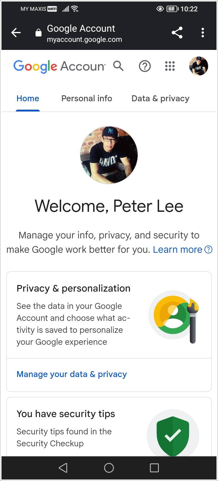 This is a screenshot of the Google Account homepage on a mobile device.