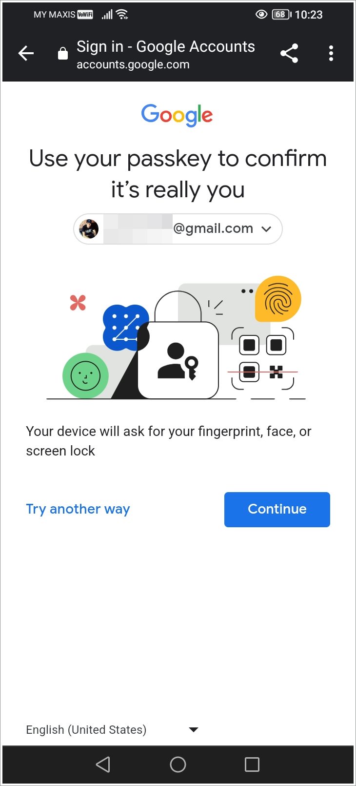 This is a mobile screenshot of the Google Account's 'Use Your Passkey to Confirm It's Really You' page.