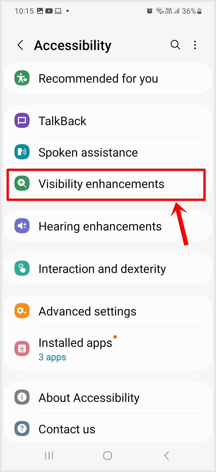 This image shows a screenshot of the 'Accessibility' page of a Samsung Galaxy phone. The 'Visibility Enhancements' option is highlighted.