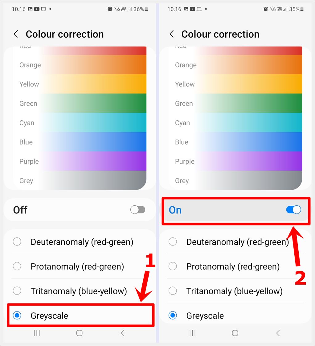 How to Make Your Phone Screen Display in Black and White: This image displays a screenshot of the 'Color Correction' page on a Samsung Galaxy phone, with both the 'Grayscale' option and the toggle on/off button for color adjustment highlighted