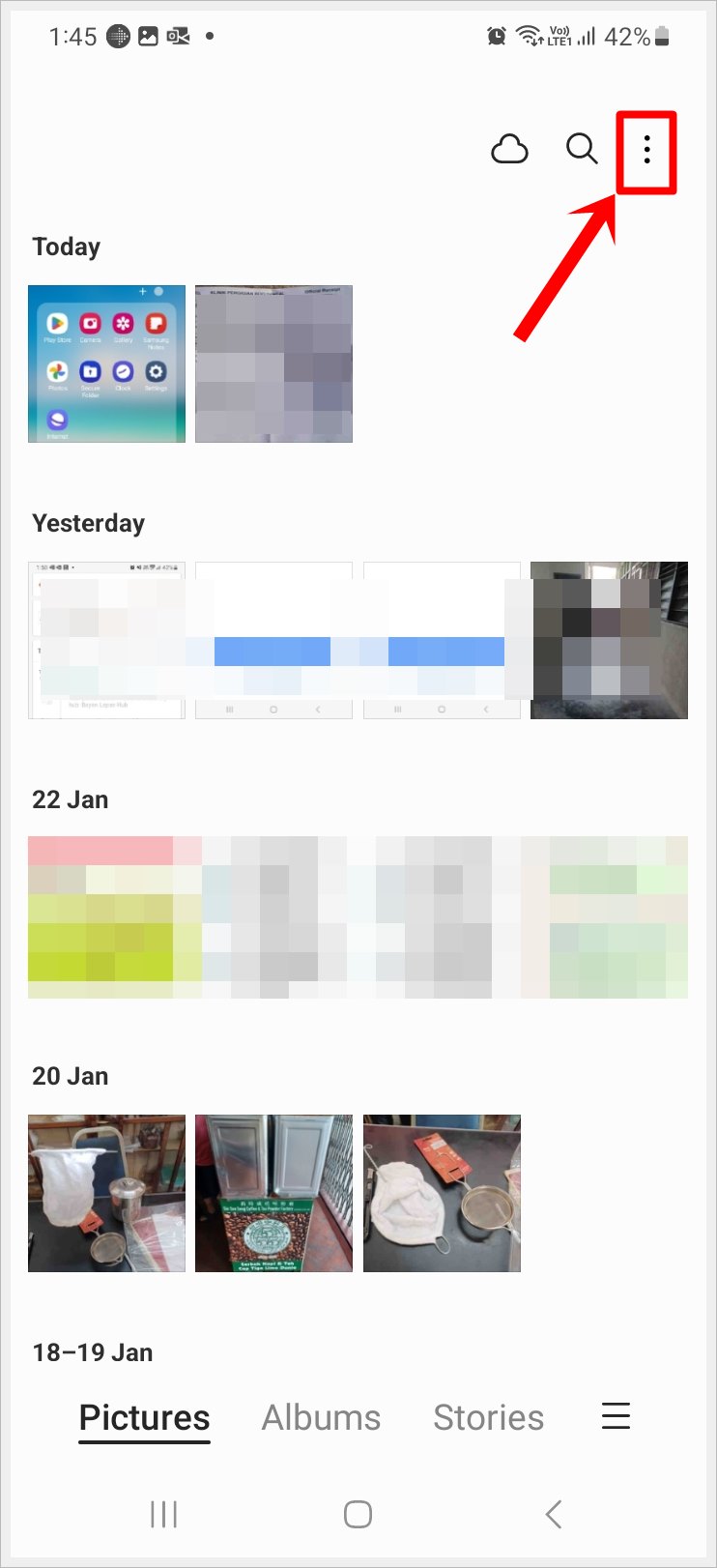 This image shows a screenshot of a Samsung Galaxy phone's 'Gallery' with several saved photos. The 3-Vertical-Dots icon in the top-right is highlighted.