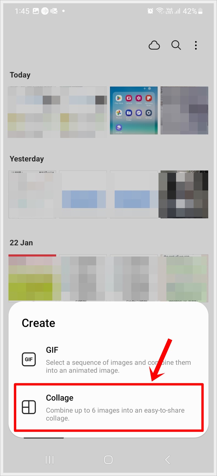 This image shows a screenshot of a Samsung Galaxy phone's 'Gallery' with several saved photos. The 'Create' menu has popped up and the 'Collage' option highlighted.