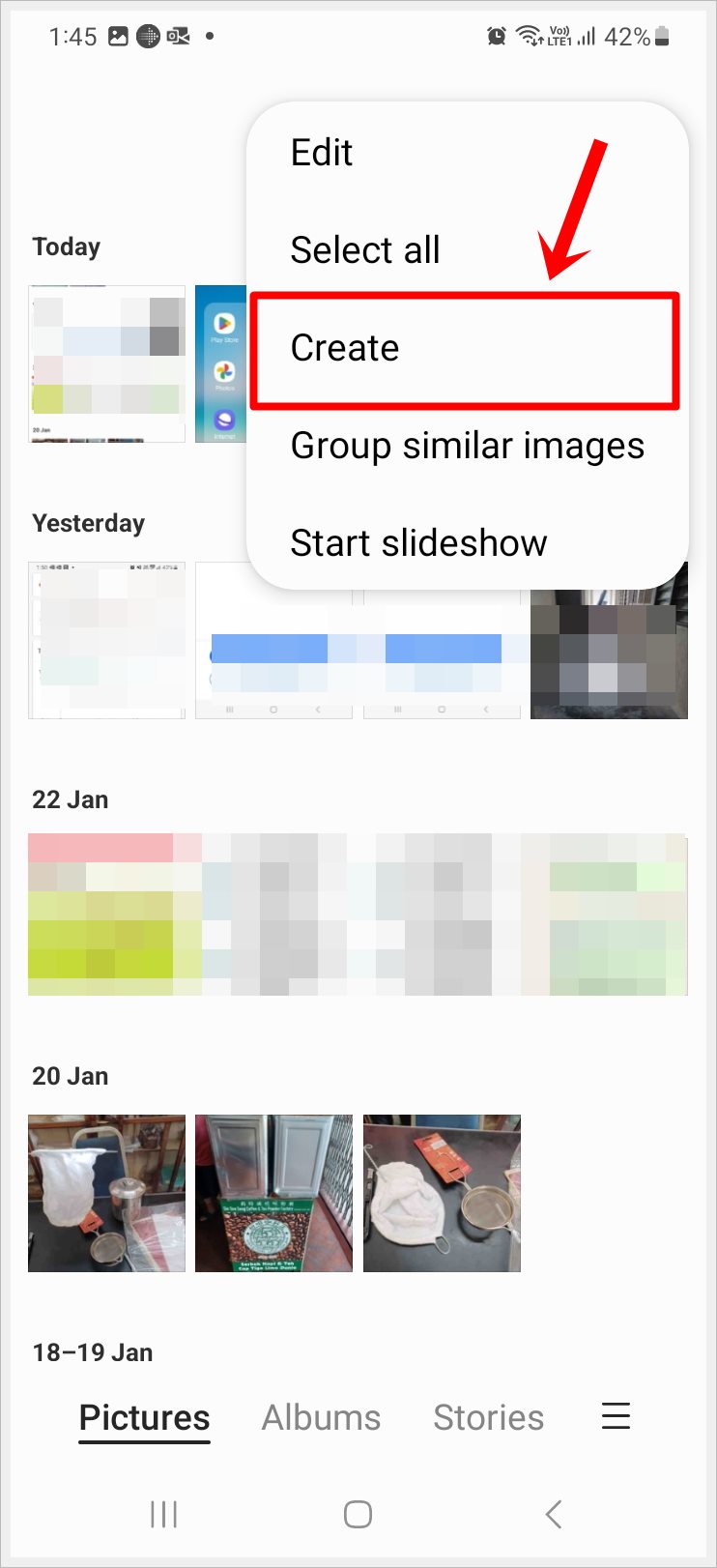 This image shows a screenshot of a Samsung Galaxy phone's 'Gallery' with several saved photos. The 'Menu' has opened and the 'Create' option highlighted.