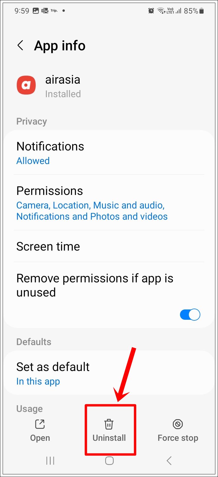 This image displays a screenshot of the 'App Info' page for a randomly selected app on a Samsung Galaxy phone. The 'Uninstall' button at the bottom is highlighted.