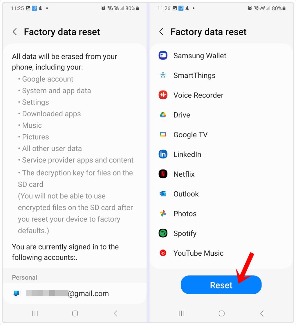 This image shows a screenshot of a Samsung Galaxy phone's 'Factory Data Reset' page. The 'Reset' button at the bottom is highlighted to confirm the reset.