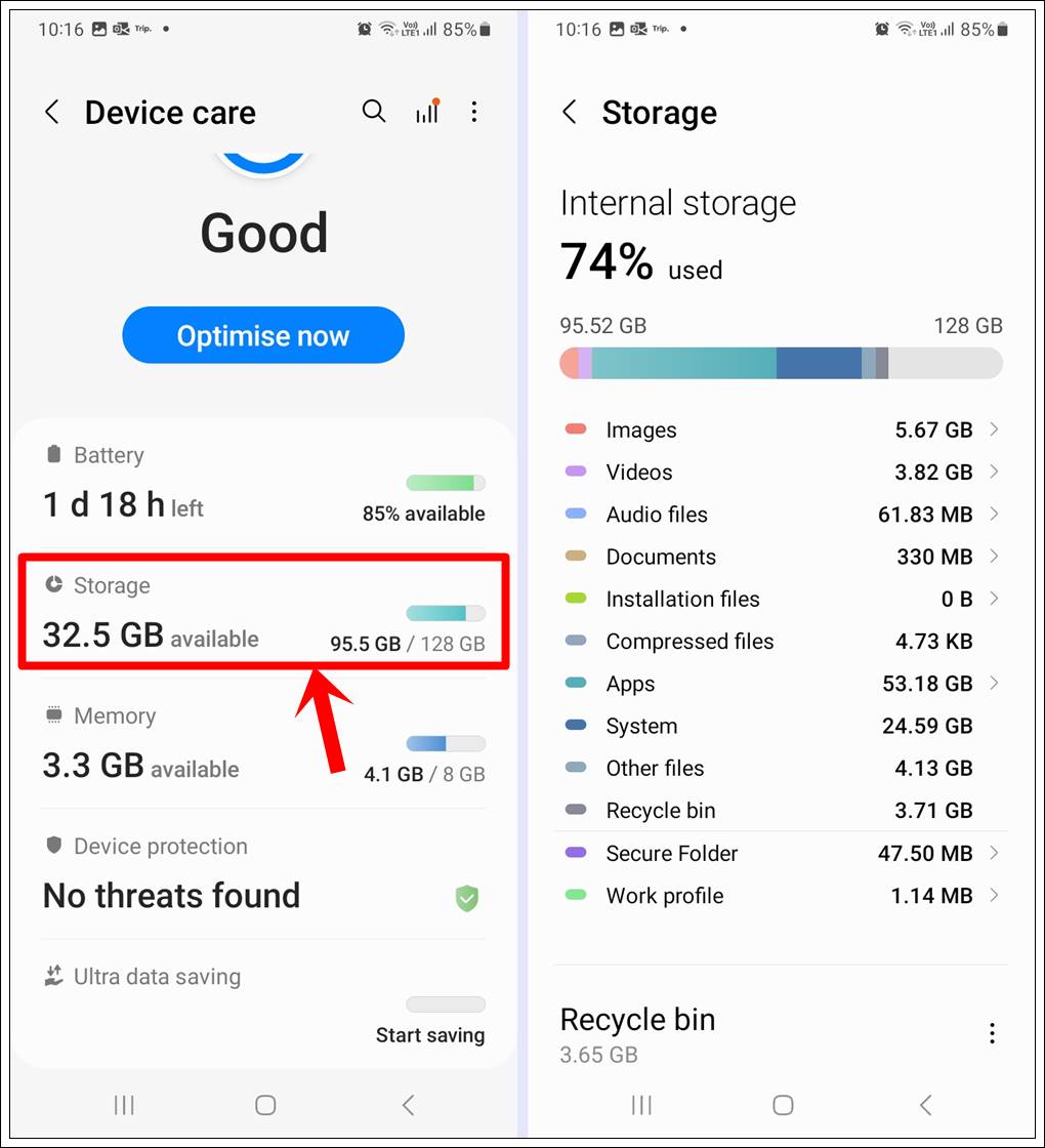 This image shows 2 screenshots of a Samsung Galaxy phone. The first features the 'Device Care' page with the 'Storage' option highlighted. The second features the 'Storage' page with an itemized storage breakdown.