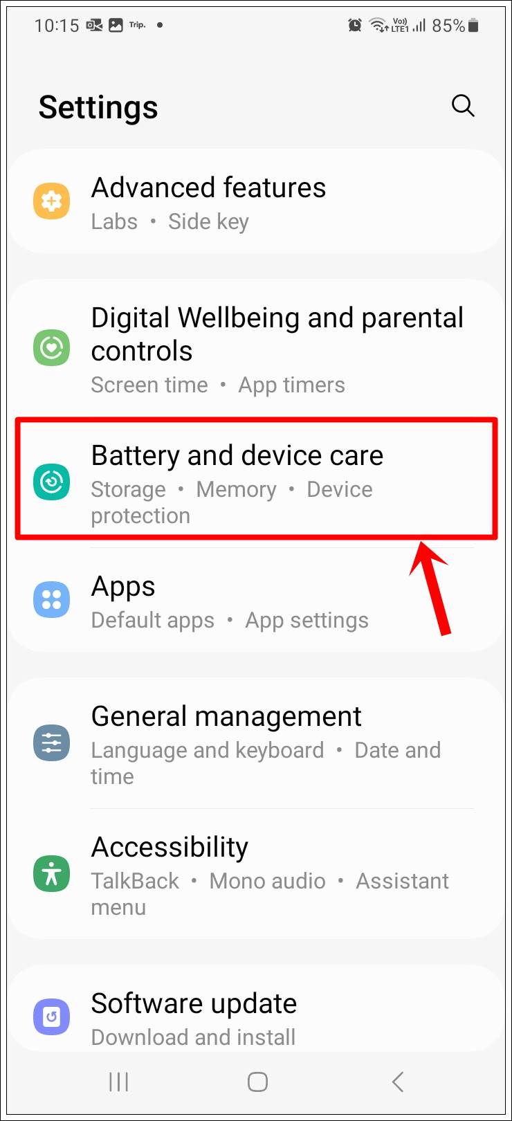 This image shows a screenshot of a Samsung Galaxy phone's 'Settings' page with the 'Battery and Device Care' option highlighted.