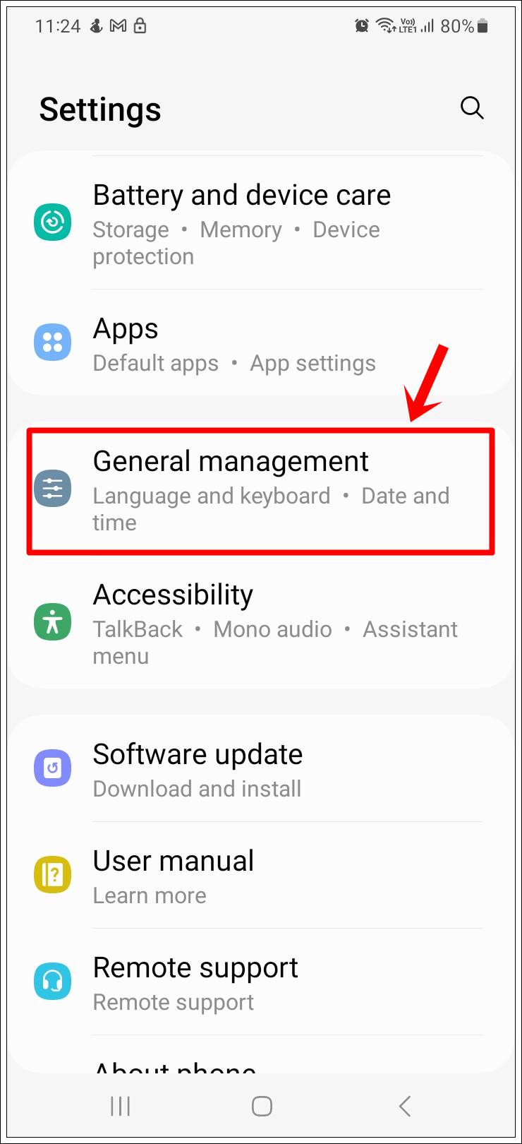 This image shows a screenshot of a Samsung Galaxy phone's 'Settings' page with the ' General Management' option highlighted.