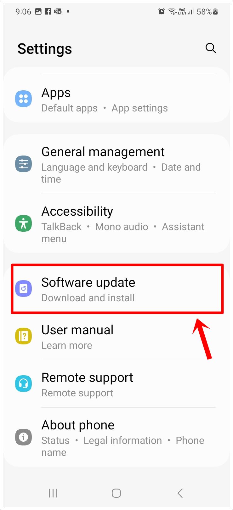 This image displays a screenshot of a Samsung Galaxy phone, specifically showcasing the 'Settings' page, with emphasis on the highlighted 'Software Update' option.