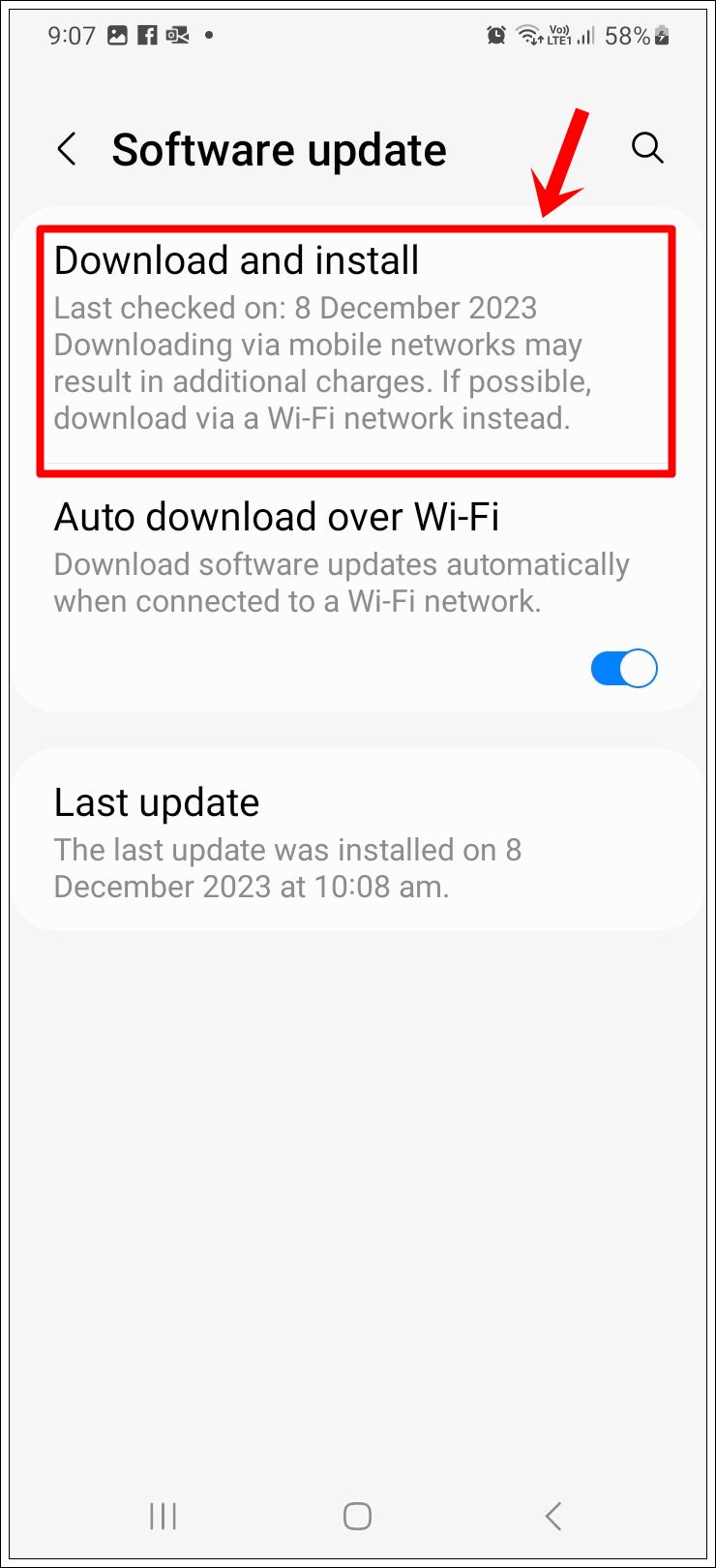 This image shows a screenshot of a Samsung Galaxy phone's 'Software Update' page with the 'Download and Install' option highlighted.