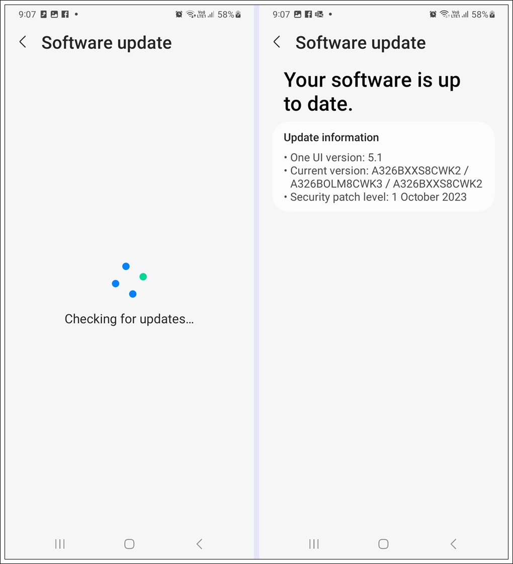 This image displays two screenshots of a Samsung Galaxy phone's 'Software Update' page. The first screenshot shows the system checking for software updates, while the second screenshot indicates that the software is up to date.