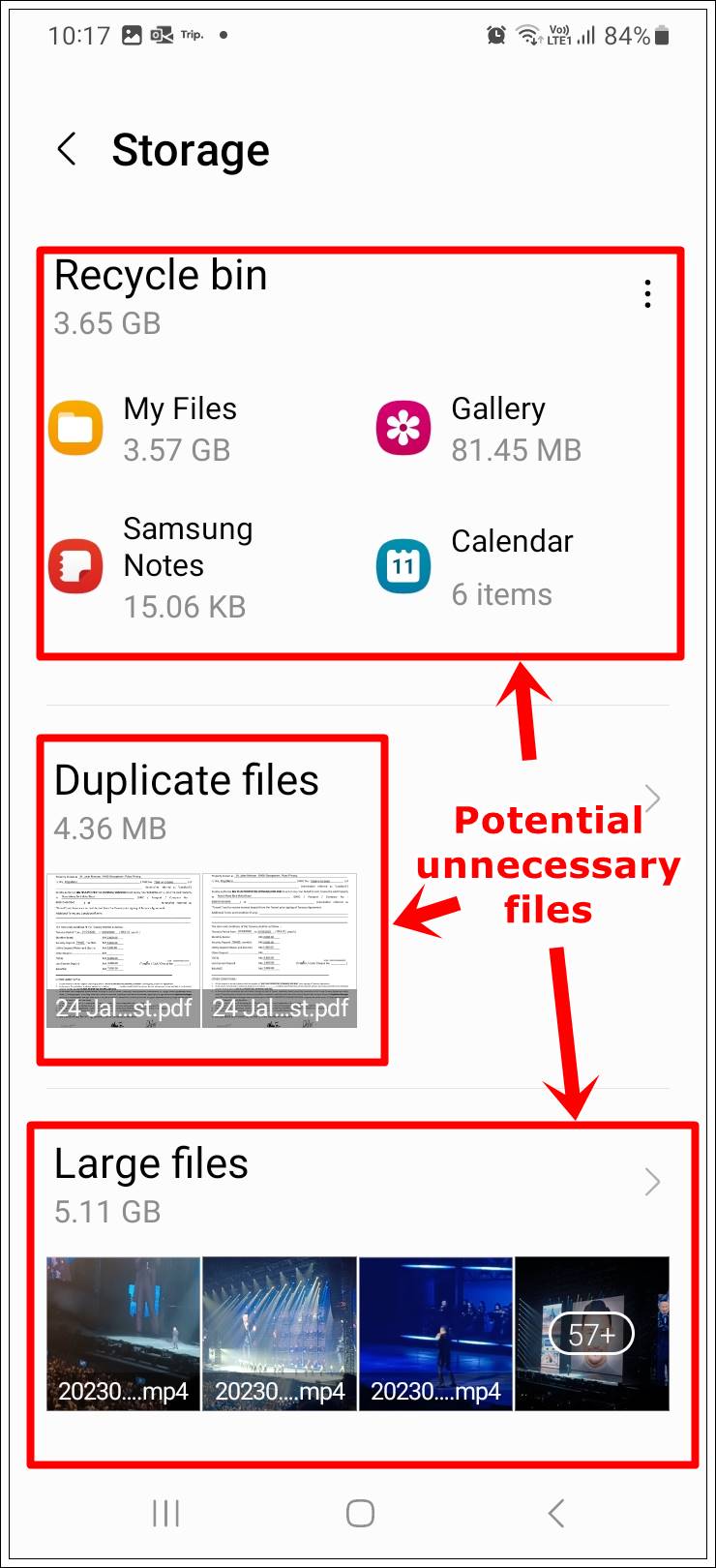 This image shows a screenshot of a Samsung Galaxy phone's 'Storage' page with the 'Recycle Bin', 'Duplicate Files' and 'Large Files' options highlighted. These are potential unnecessary files that can be deleted to free up some storage space.