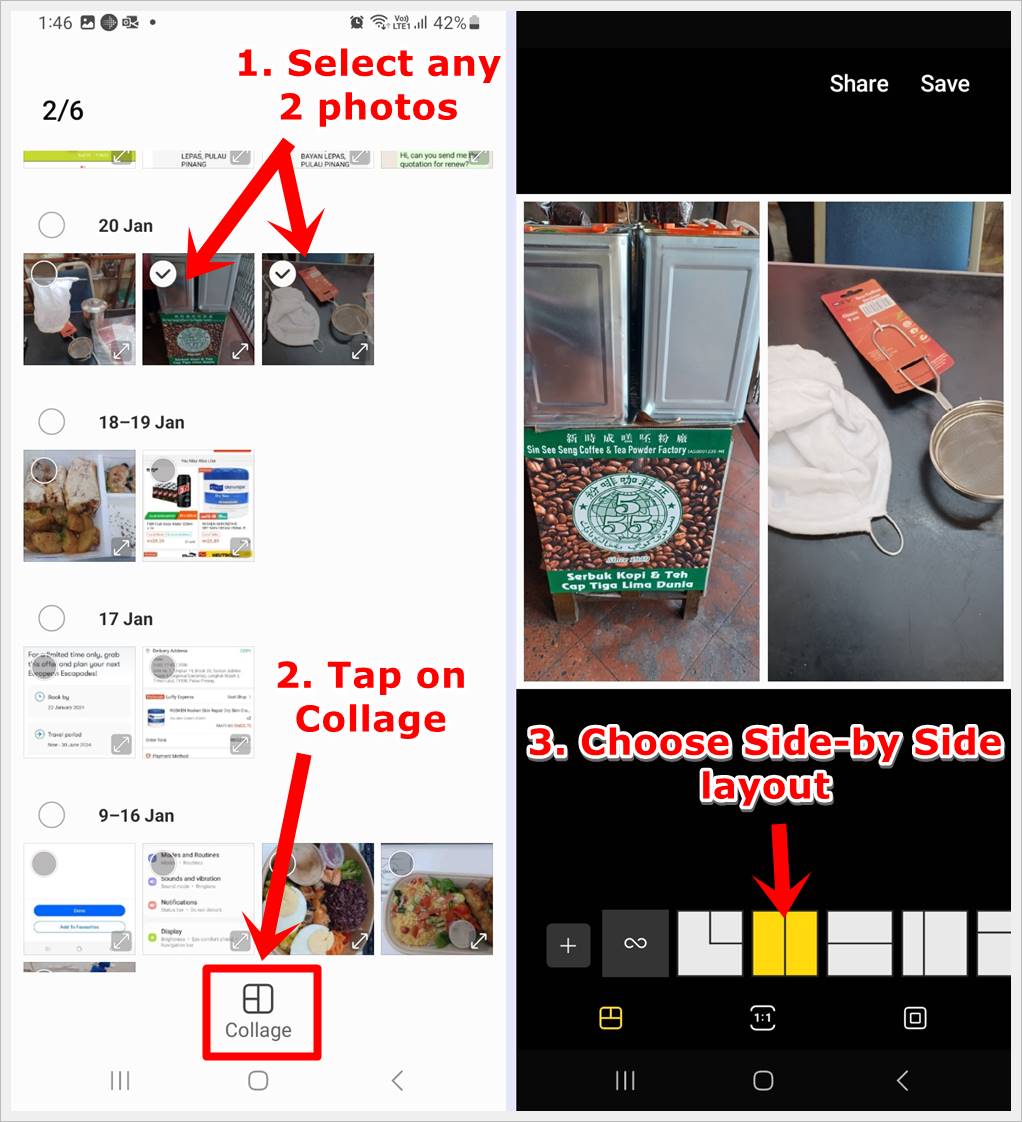 This image shows 2 different screenshots from a Samsung Galaxy phone. The first features the Gallery with 2 specific photos selected and the 'Collage' icon at the bottom highlighted. The second features the 2 combined photos in side-by-side with the 'Side-by-Side' layout option highlighted at the bottom.