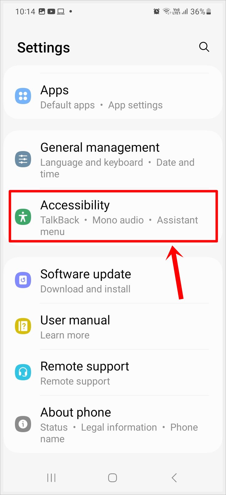 This image shows a screenshot of the 'Settings' page of a Samsung Galaxy phone. The 'Accessibility' option is highlighted.