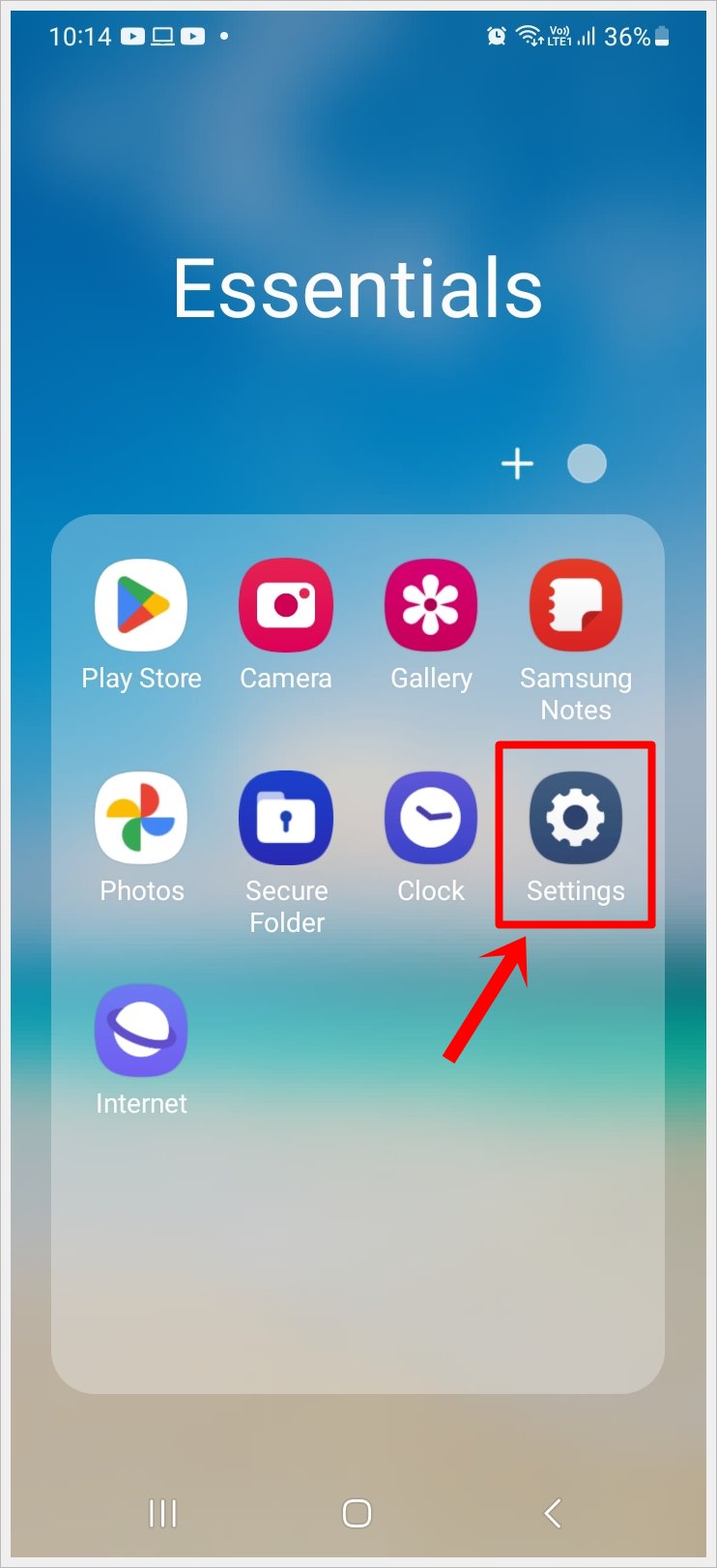 This image shows a screenshot of a Samsung Galaxy phone with the 'Settings' icon highlighted.