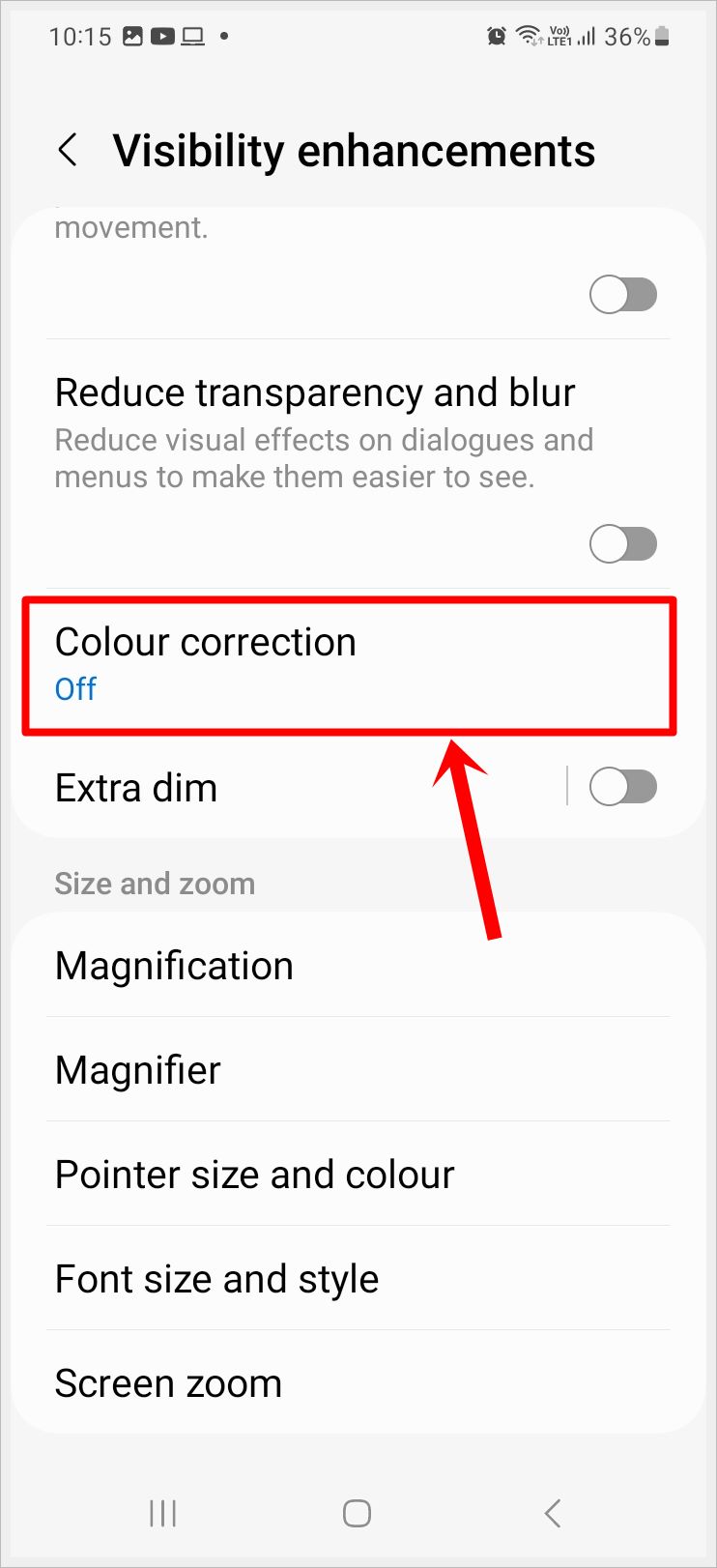 How to Make Your Phone Screen Display in Black and White: This image shows a screenshot of the 'Visibility Enhancements' page of a Samsung Galaxy phone. The 'Color Correction' option is highlighted.