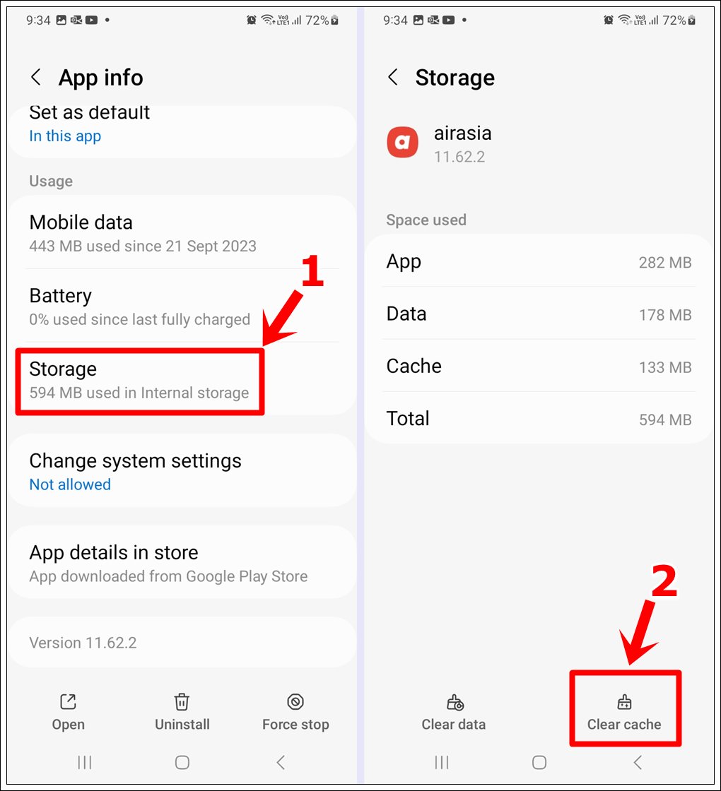 This image displays two screenshots of a Samsung Galaxy phone. The first screenshot features the 'App Info' page with the 'Storage' option highlighted. The second screenshot shows the 'Storage' page of a selected app with the 'Clear Cache' button highlighted at the bottom.