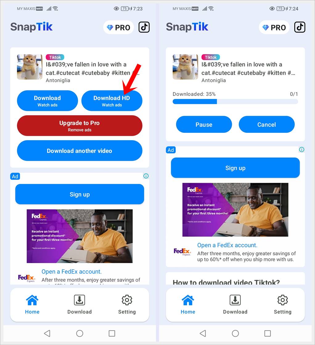 How to Download or Save TikTok Videos Easily: This image shows how to initiate the TikTok video download on SnapTik and the download progress bar is displayed. The 'Download' button is highlighted.