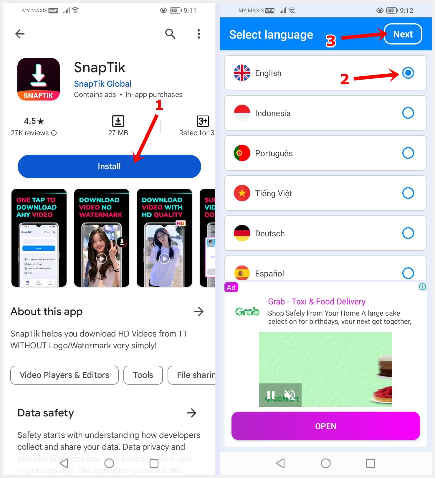 This image shows 2 different screenshots. The first featuring the SnapTik app installation page with the 'Install' button highlighted. The second shows the language selection page of the SnapTik app with English selected as the language and the 'Next' button in the top right highlighted.