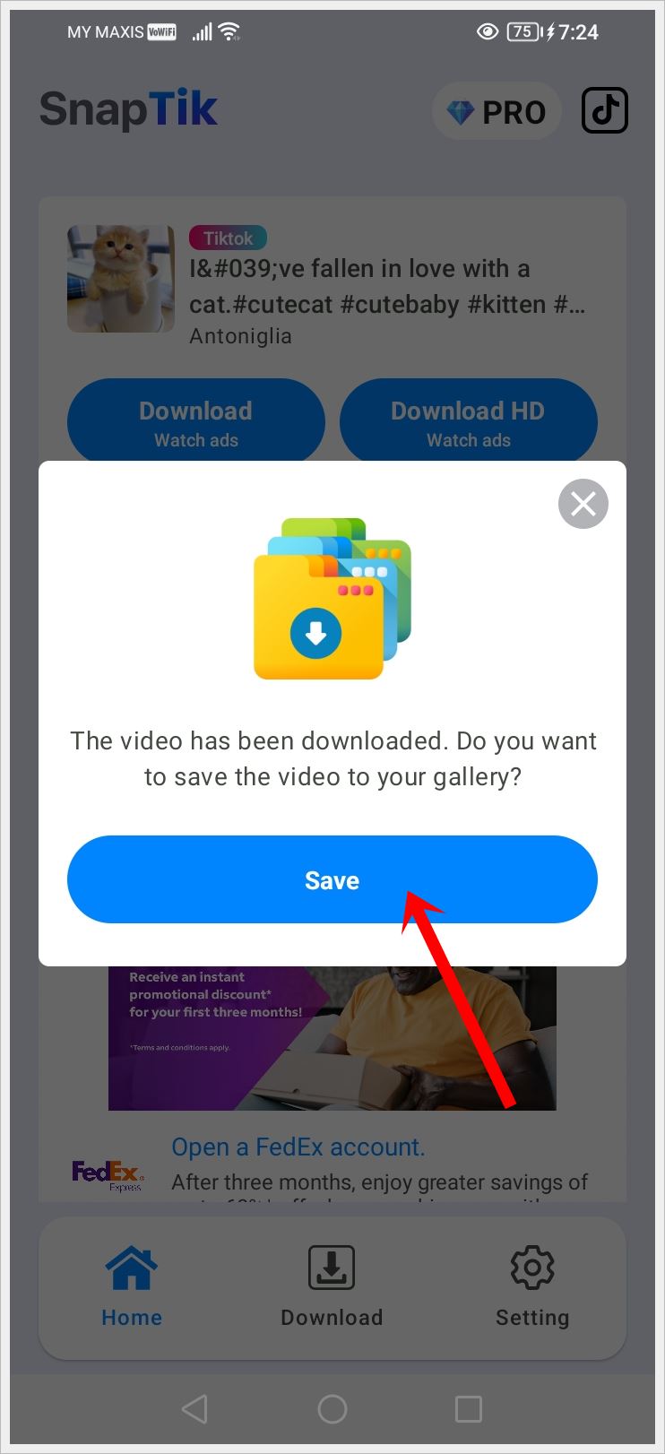 How to Download or Save TikTok Videos Easily: This image shows a SnapTik pop up notification asking if you would like to save the downloaded TikTok video to your device's gallery. The 'Save' button is highlighted.