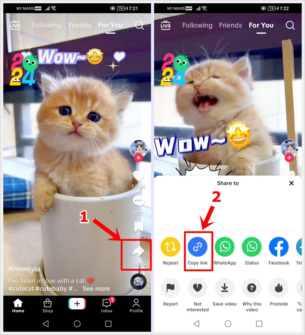 How to Download or Save TikTok Videos Easily: This image displays a step-by-step guide on how to copy the link of a TikTok video, with the 'Share' and 'Copy link' icons highlighted, respectively.