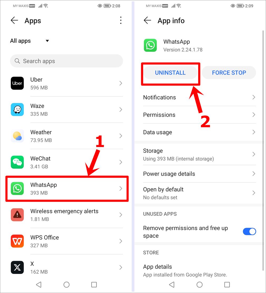Fix WhatsApp Not Receiving Messages: This image displays two screenshots demonstrating how to uninstall the WhatsApp app from a mobile device, with the 'WhatsApp' app icon and 'Uninstall' button highlighted.